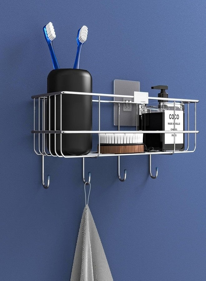 Clay Plus Stainless Steel Wall Mounted Bathroom Shelf, Self Adhesive Sticker Hooks Bathroom Organiser Rack, 4 Hooks for Towel Holder, Space-Saving Wall Mounted Bathroom Shelf Designer Pack of 1 - Image 1